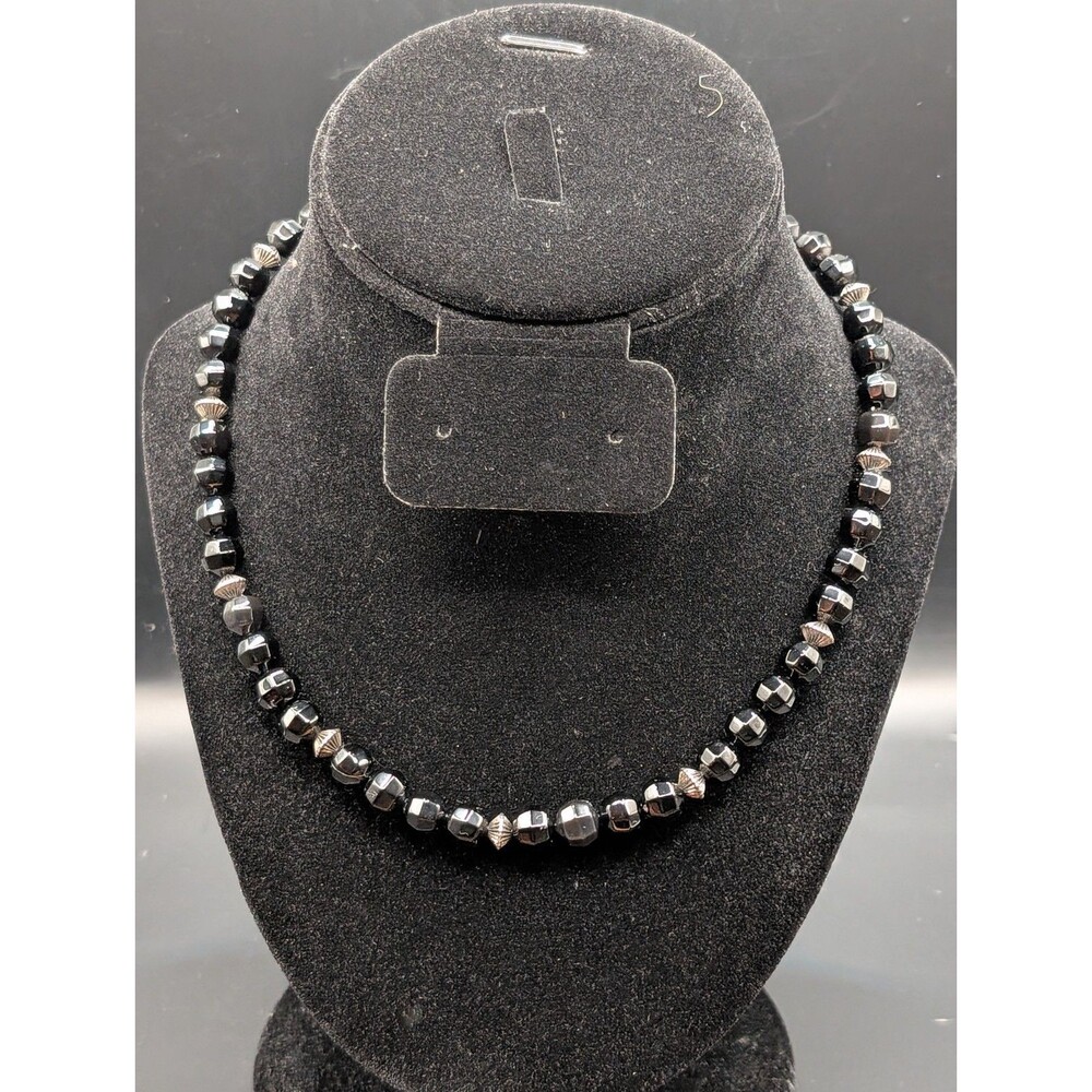 Vintage Black Glass Bead Necklace Faceted